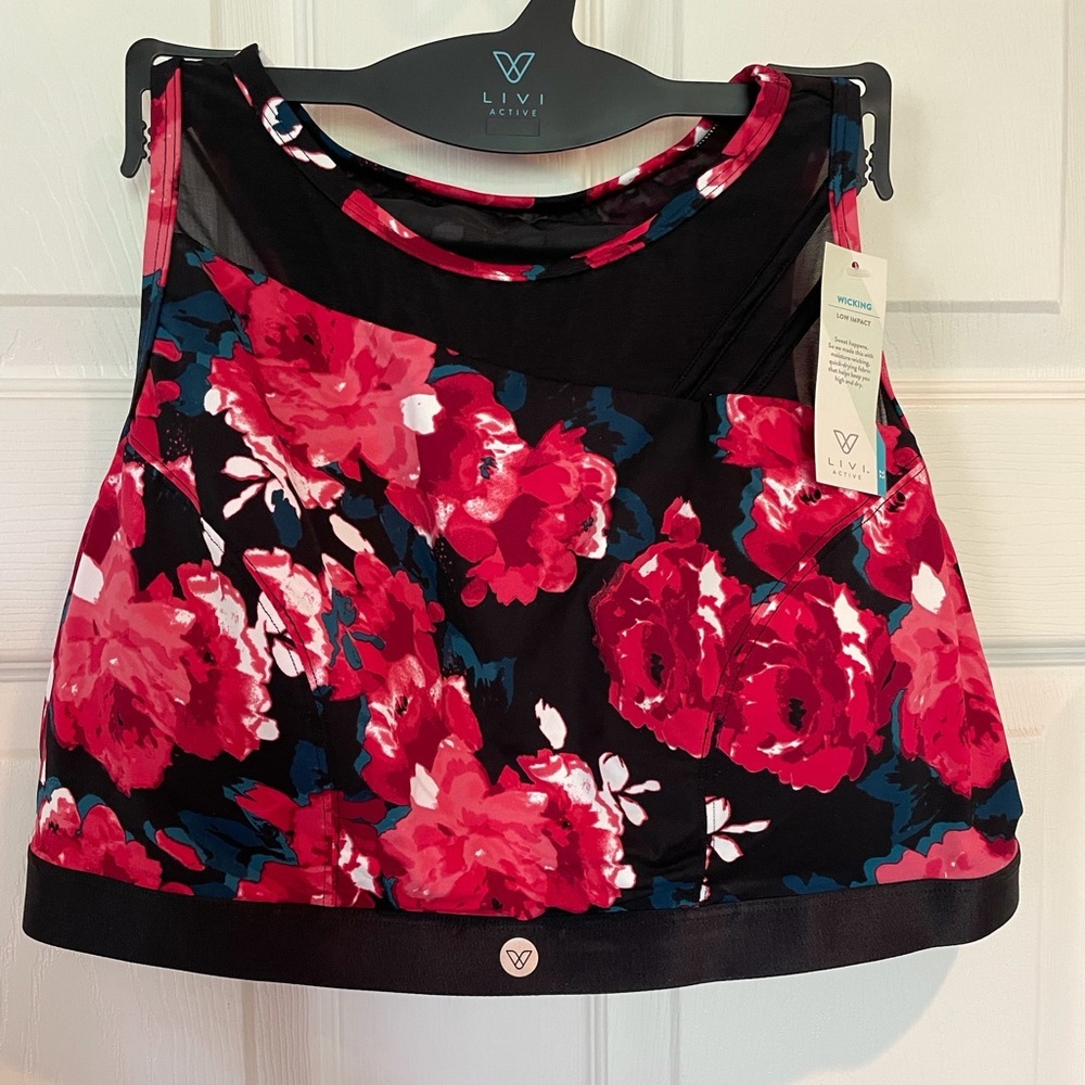 LB Livi Red/Teal/Black Floral Mesh Details Sports Bra Top